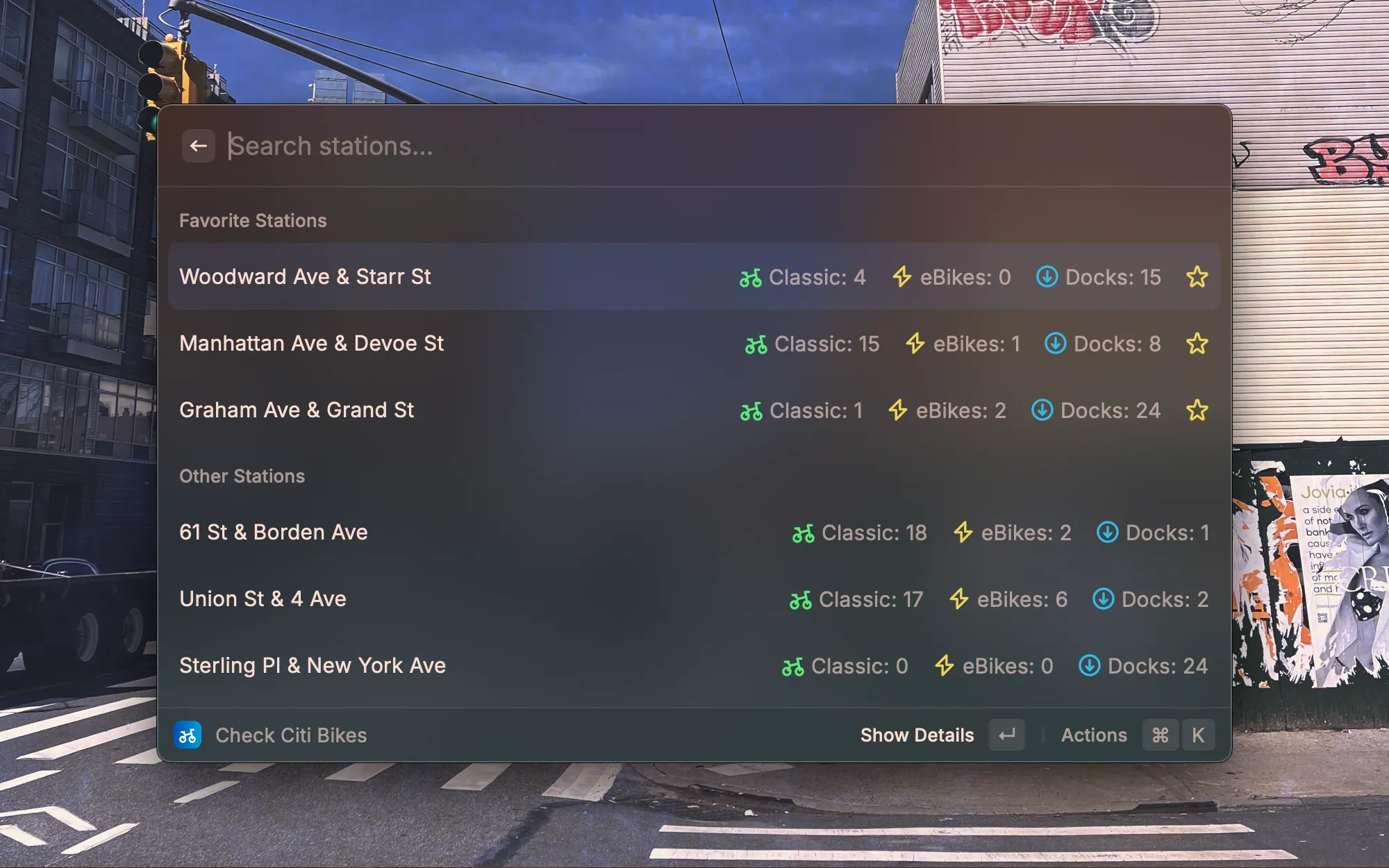 Screenshot illustrating the Citi Bike Checker extension for Raycast.